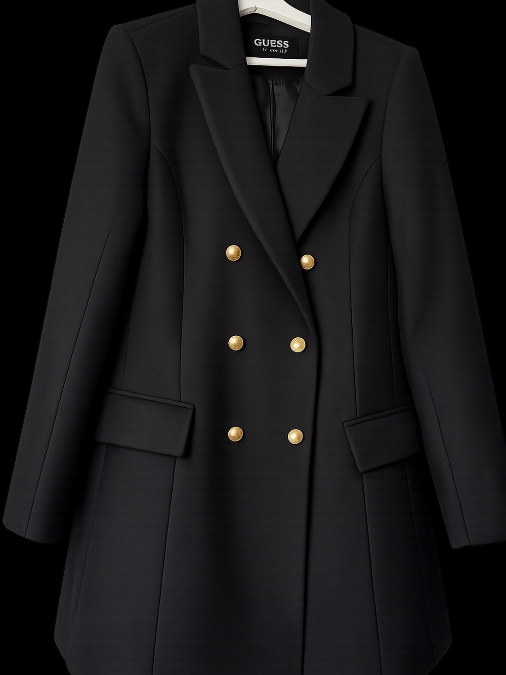 GUESS Black Double-Breasted Pea Coat with Gold Buttons